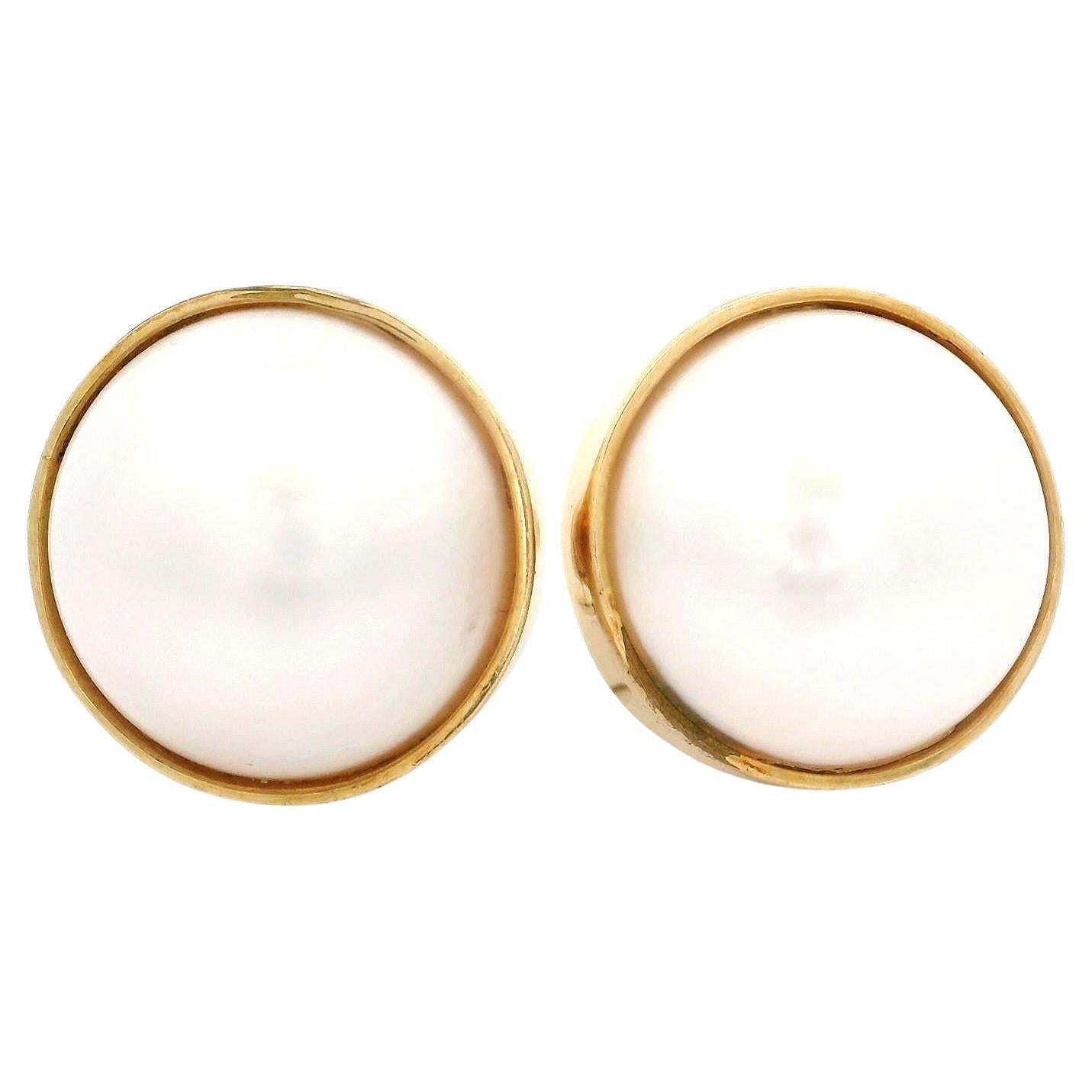 Solid Yellow Gold 14.7mm Mabe Pearl Button Clip On Earrings For Sale