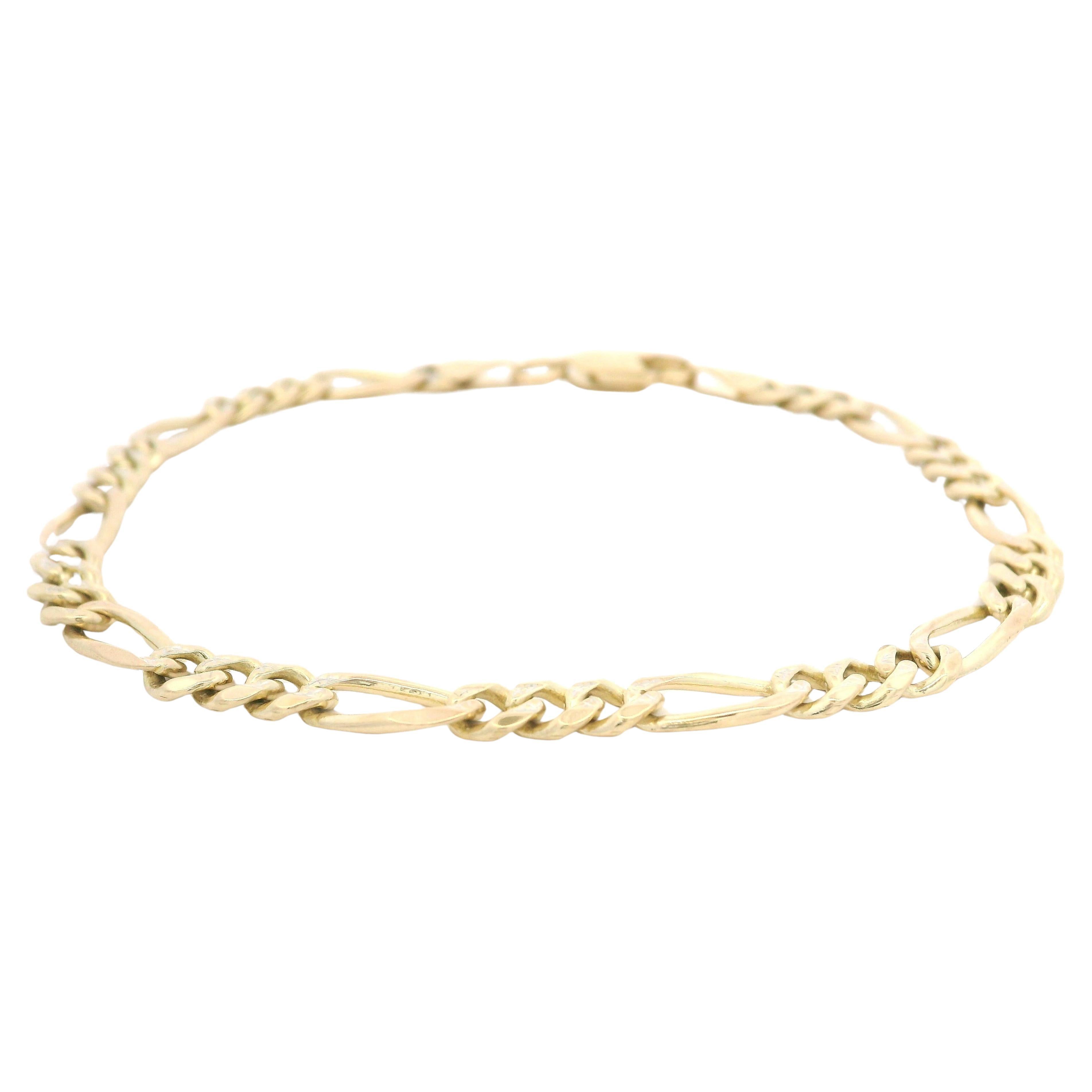 Solid Yellow Gold 7" Diamond Cut Center Classic Figaro Link Chain Bracelet