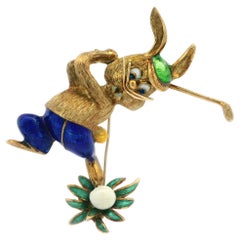 Solid Yellow Gold Colorful Enamel Textured Bunny Rabbit Golf Golfing Pin Brooch