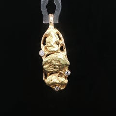 Solid Yellow Gold Diamond 3 Natural High Karat Nuggets Design Bar Pendant