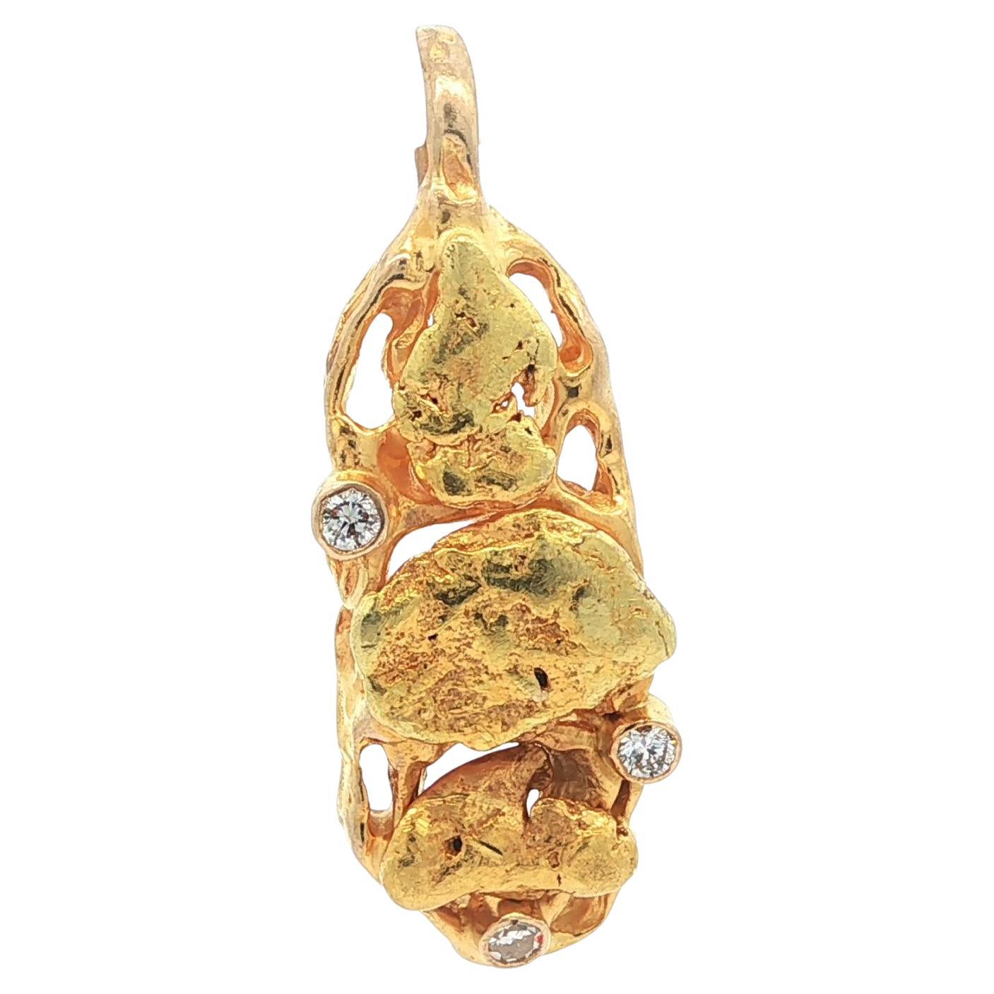 Solid Yellow Gold Diamond 3 Natural High Karat Nuggets Design Bar Pendant