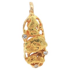 Solid Yellow Gold Diamond 3 Natural High Karat Nuggets Design Bar Pendant