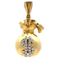 Solid Yellow Gold Diamond Dollar Sign Money Bag Charm/Pendant