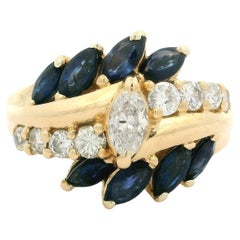 Solid Yellow Gold Diamond & Sapphire Spray Bypass Cocktail Band Ring