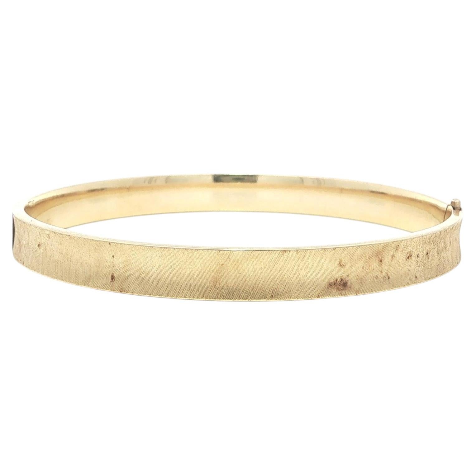 Solid Yellow Gold Florentine Finish Open Hinged Slip On Bangle Bracelet For Sale