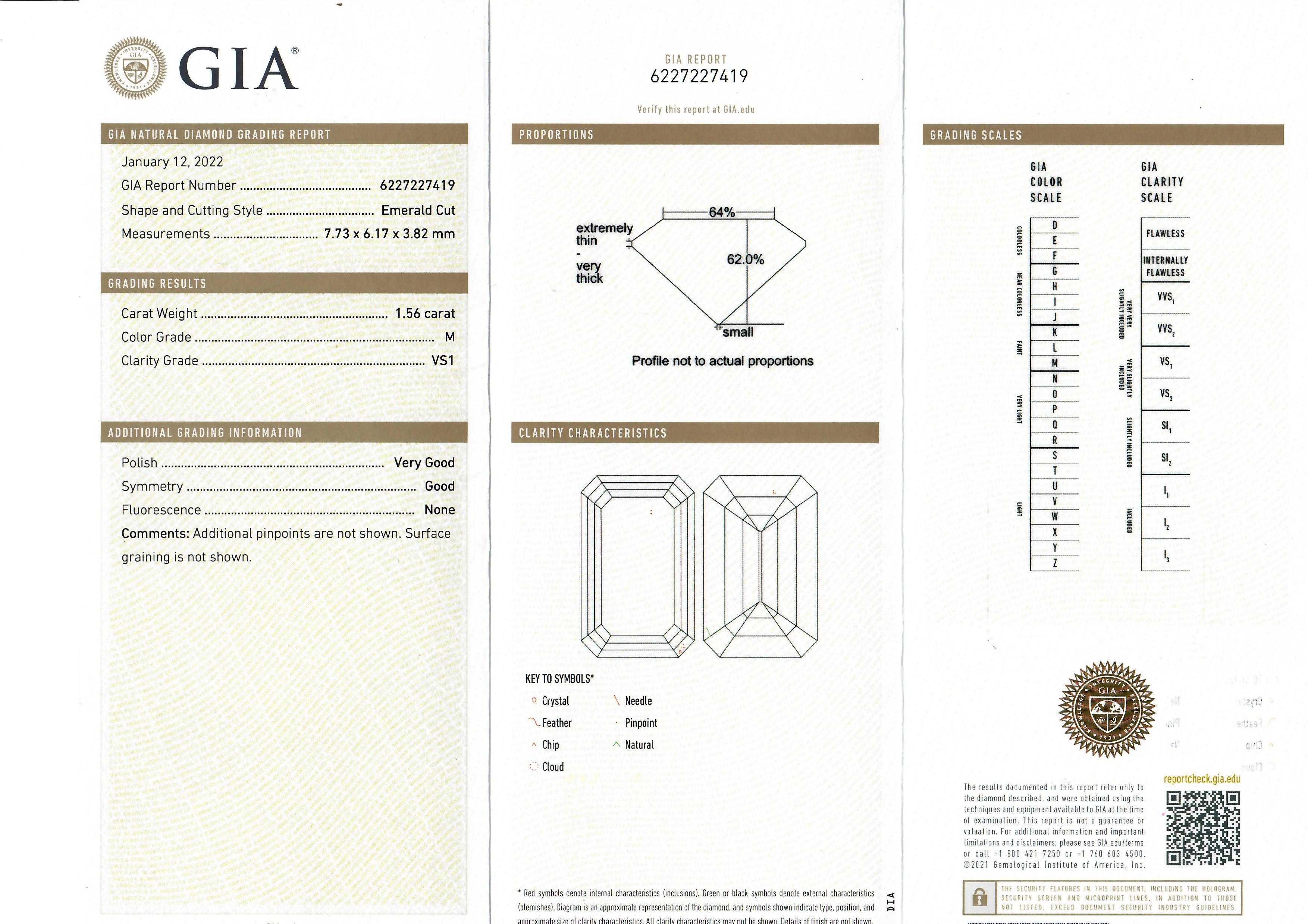 Collier pendentif solitaire en or jaune massif GIA M/VS 1,56 ct de diamant taille émeraude 6