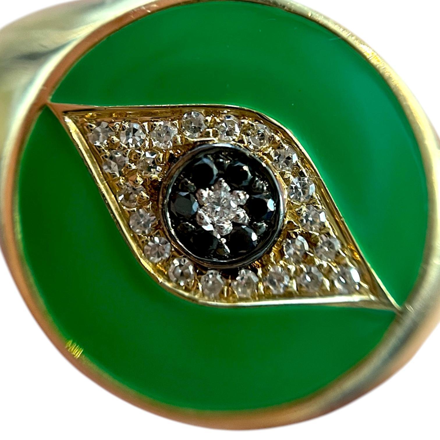 Bague œil du mal en or jaune massif, émail vert, diamants noirs et blancs en vente 1