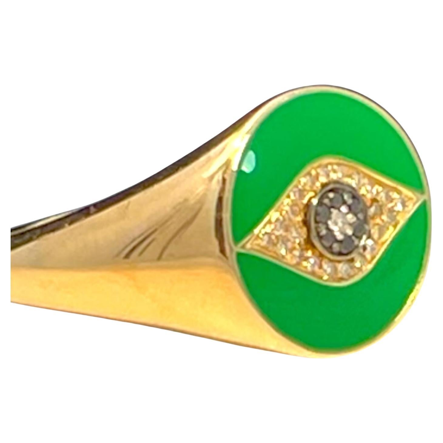 Solid Yellow Gold Green Enamel Black & White Diamonds Evil Eye Ring
