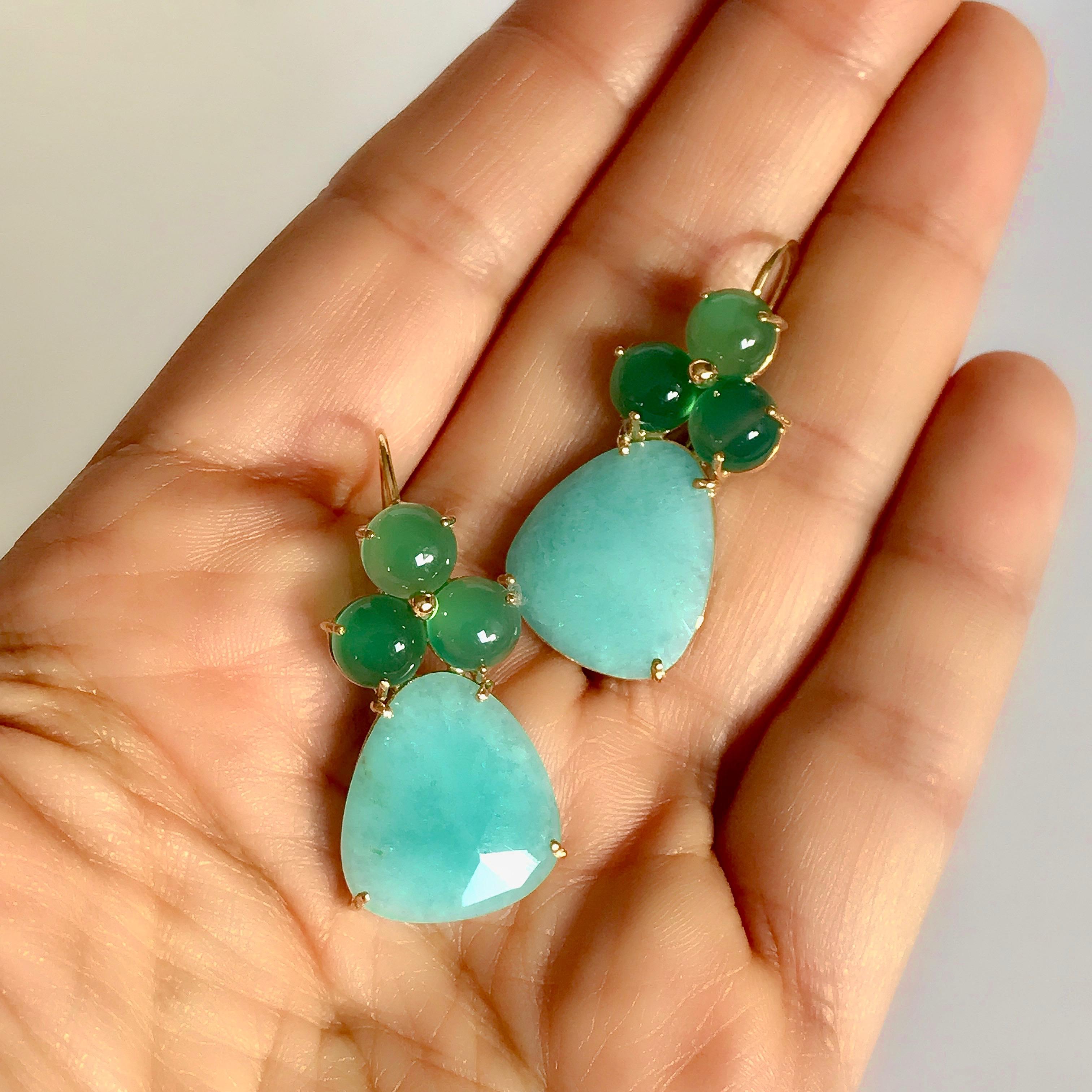 Handcrafted hook drop earrings, made of 18 karat solid yellow gold, cabochon-cut green agates and rose-cut amazonite.
Easy to wear, suitable for almost any occasion. 
Hallmarked at London Goldsmiths’ Company – Assay Office ( laser mark on the pins )