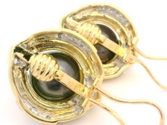 Solid Yellow Gold Large Button Tahitian Pearl 2ct Diamond ClipOn Button Earrings