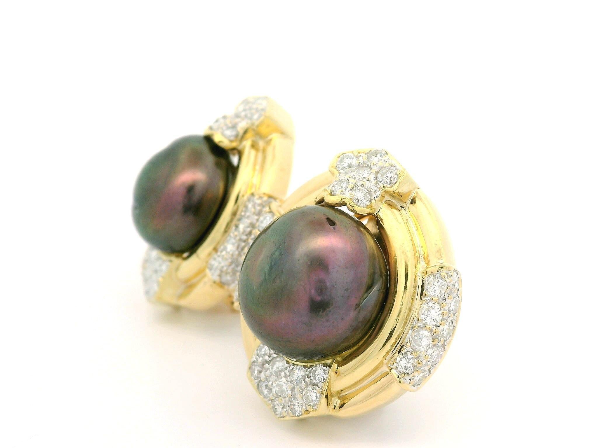 Women's Solid Yellow Gold Large Button Tahitian Pearl 2ct Diamond ClipOn Button Earrings For Sale