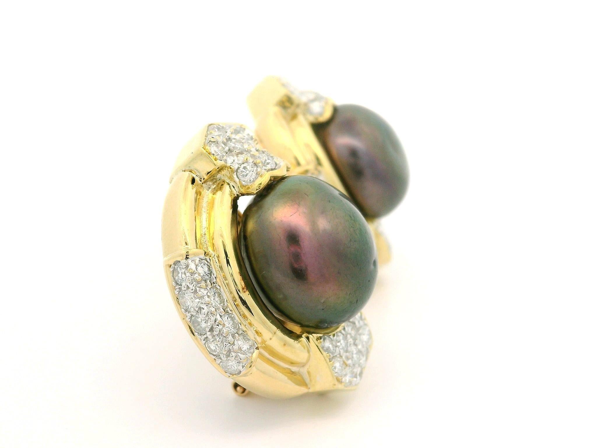 Solid Yellow Gold Large Button Tahitian Pearl 2ct Diamond ClipOn Button Earrings For Sale 1