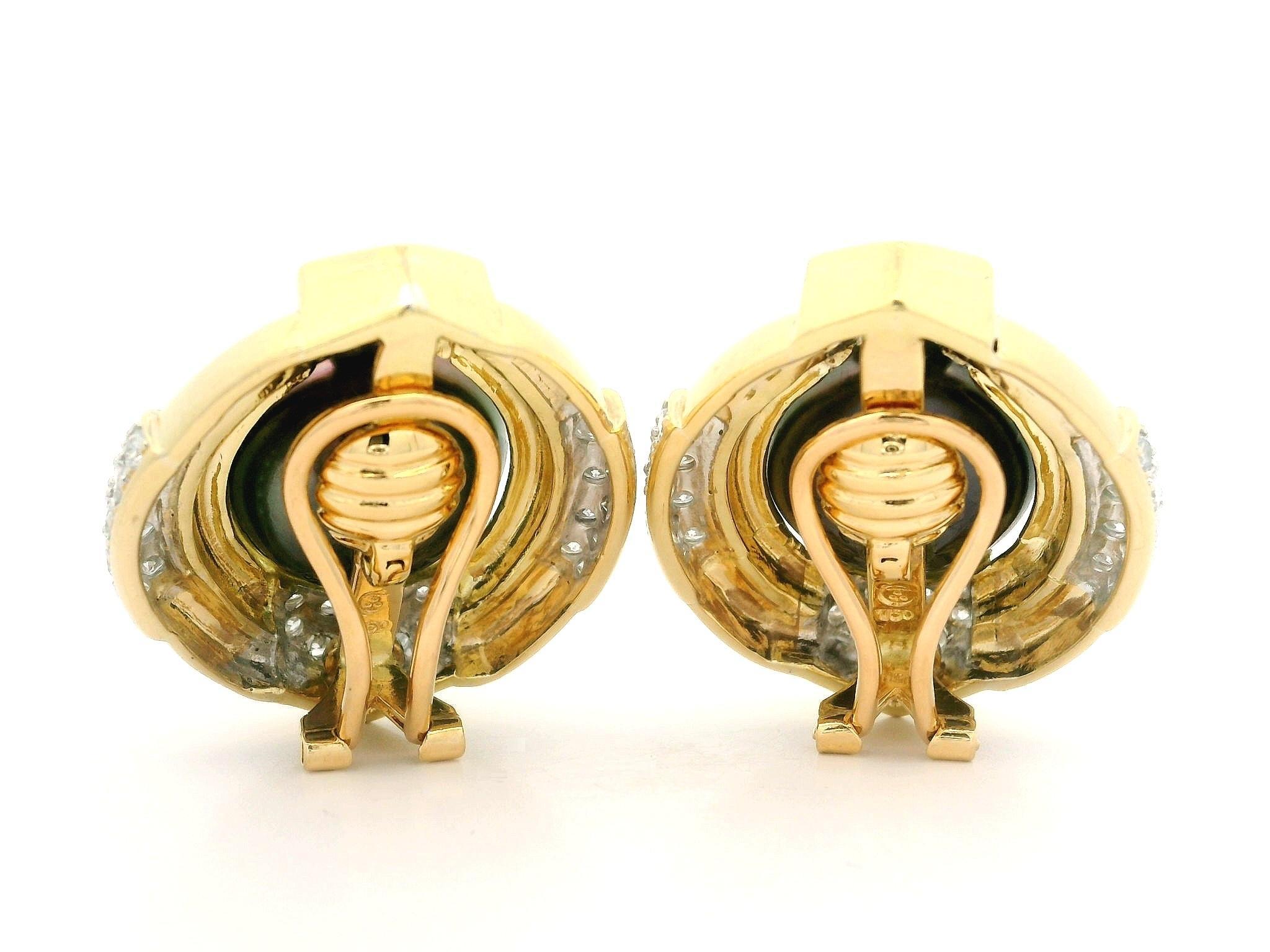 Solid Yellow Gold Large Button Tahitian Pearl 2ct Diamond ClipOn Button Earrings For Sale 2