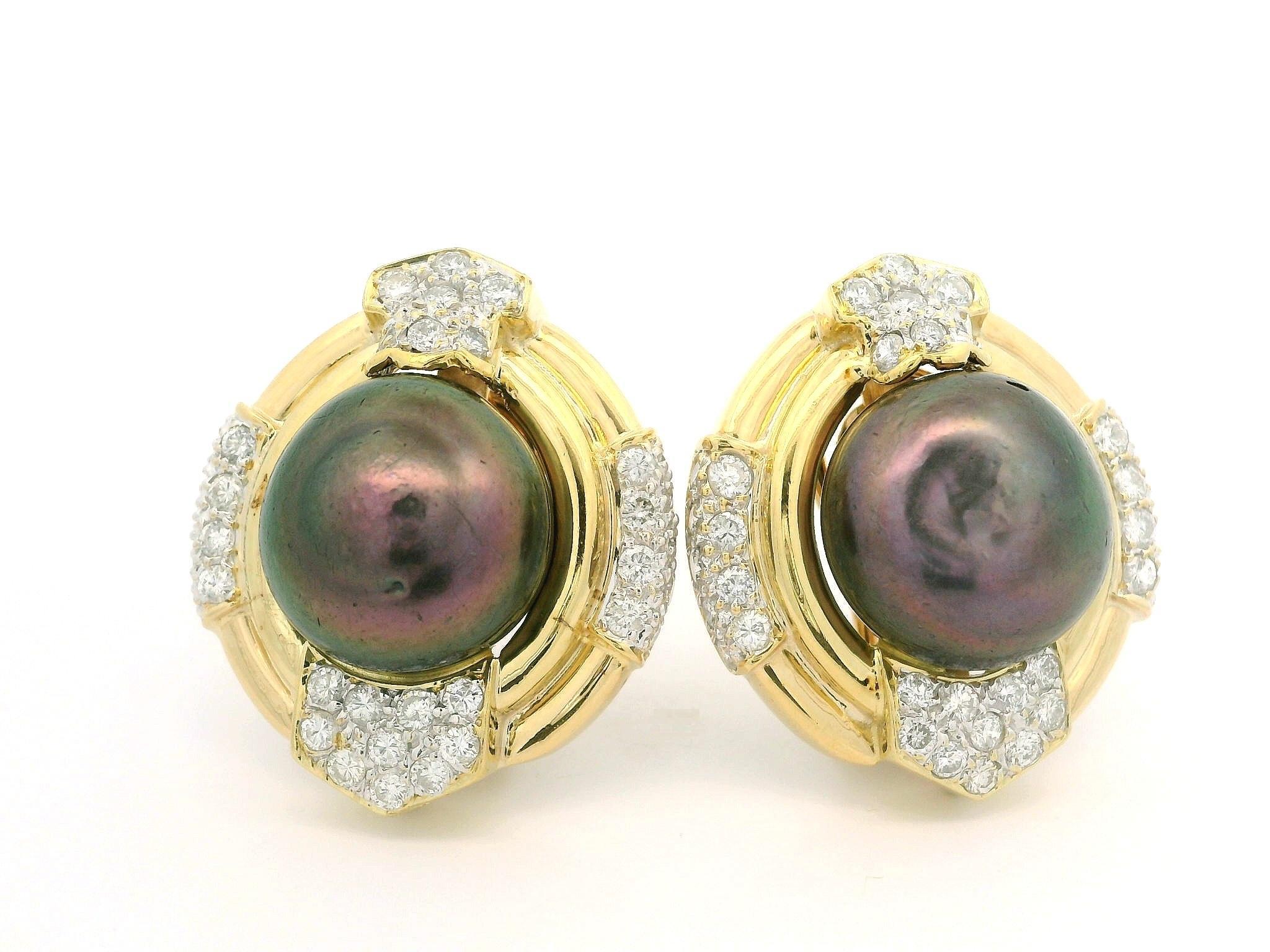 Solid Yellow Gold Large Button Tahitian Pearl 2ct Diamond ClipOn Button Earrings For Sale 3