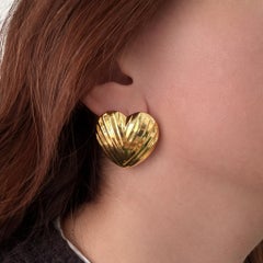 Solid Yellow Gold Large Puffed Large Heart Textured Clip On Earrings