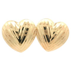 Solid Yellow Gold Large Puffed Large Heart Textured Clip On Earrings