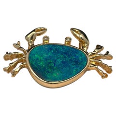 Solid Yellow Gold Opal & Dia Doublet Crab Pendant