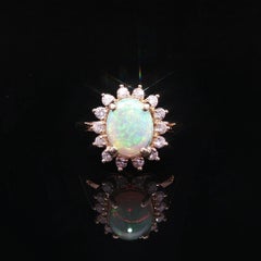 Solid Yellow Gold Oval Colorful Opal w/ Diamond Halo Flower Cluster Ring