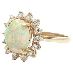 Solid Yellow Gold Oval Colorful Opal w/ Diamond Halo Flower Cluster Ring