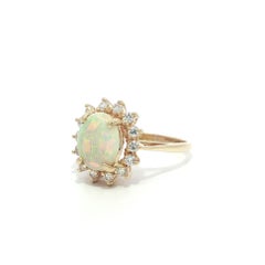 Solid Yellow Gold Oval Colorful Opal w/ Diamond Halo Flower Cluster Ring