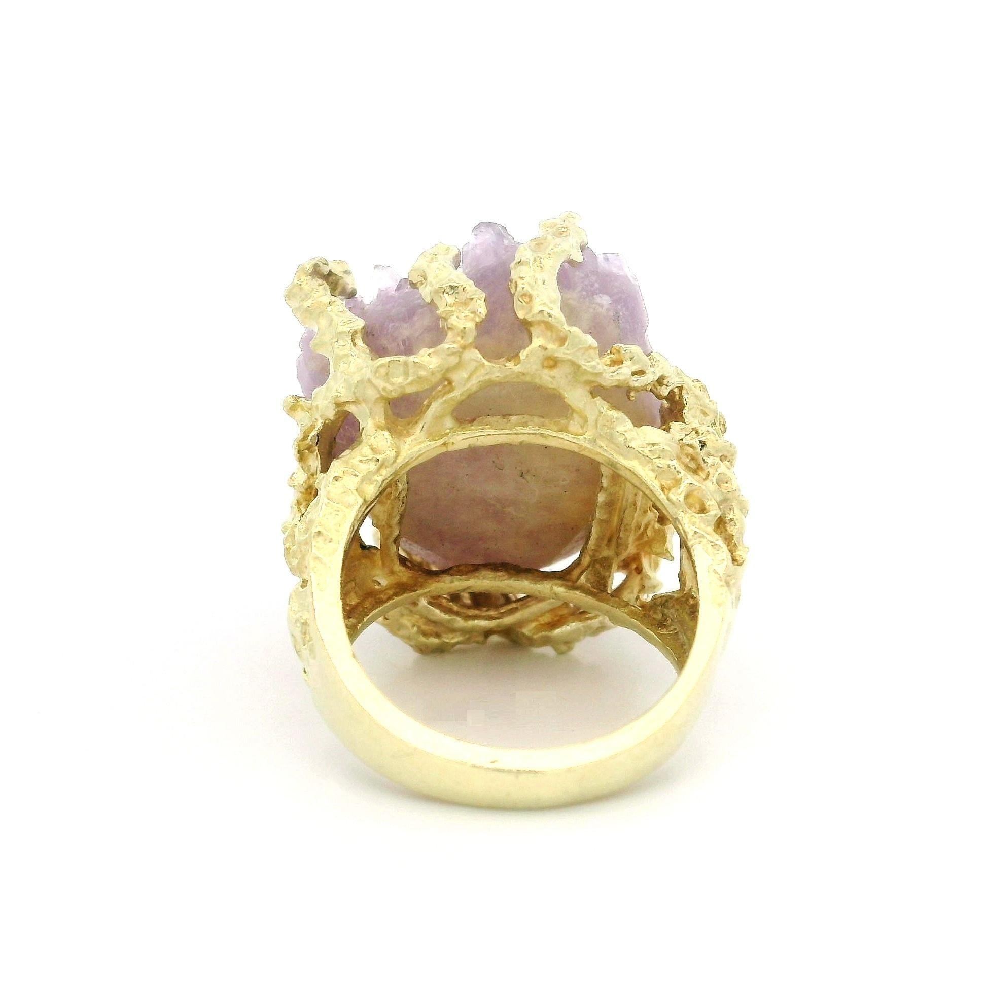 Solid Yellow Gold Raw Uncut Amethyst Crystal Coral Free From Chunky Ring For Sale 3
