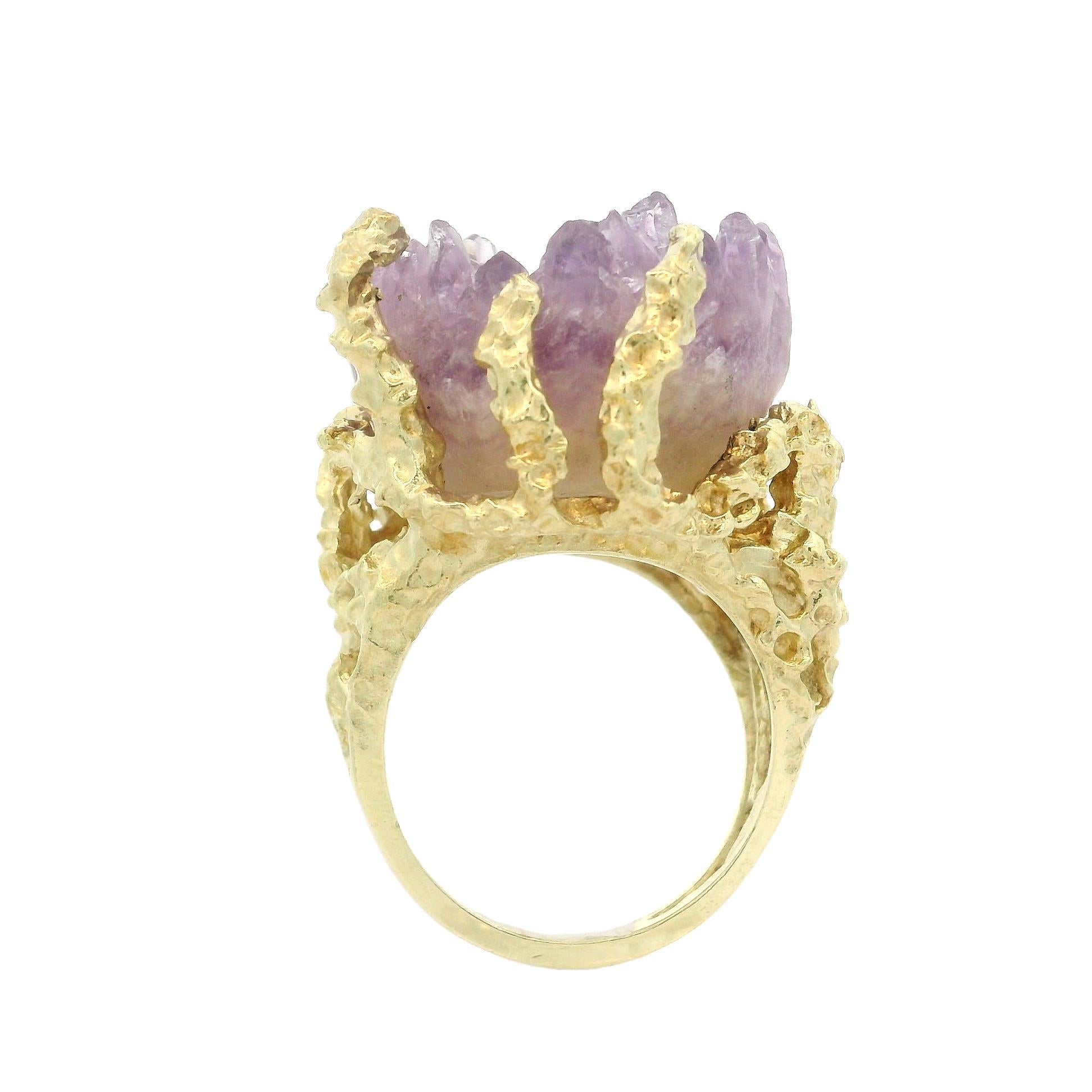 Solid Yellow Gold Raw Uncut Amethyst Crystal Coral Free From Chunky Ring For Sale 5