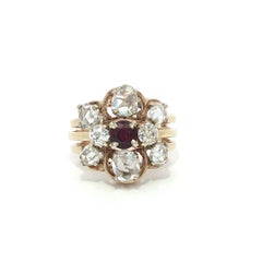 Solid Yellow Gold Round Ruby W/ Large Rose & Old Cut Diamond Enhancer Ring