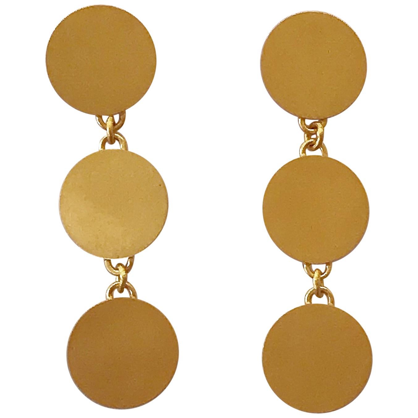 18 Karat Solid Yellow Gold Sequin Satin Patina Drop Dangle Earrings For Sale