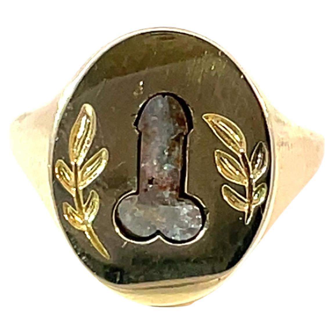Solid Yellow Gold Signet Ring Featuring Diamond Carving For Sale