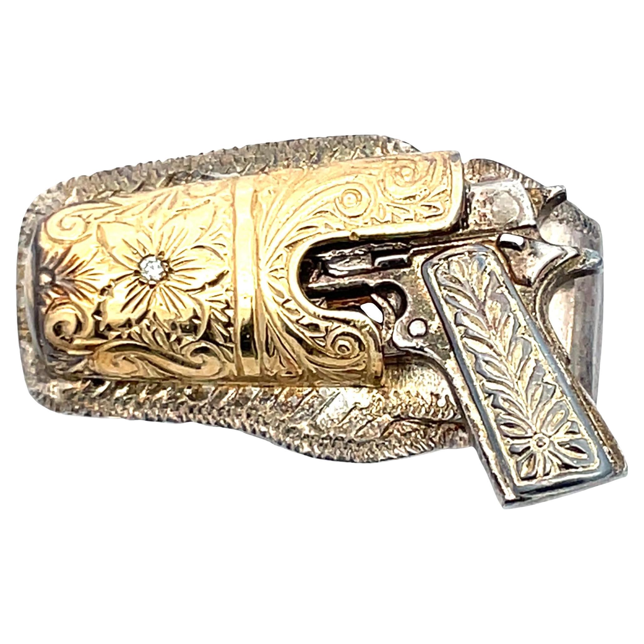 Solid Yellow Gold 
Sterling Silver Gun and Holster Pendant/Charm For Sale