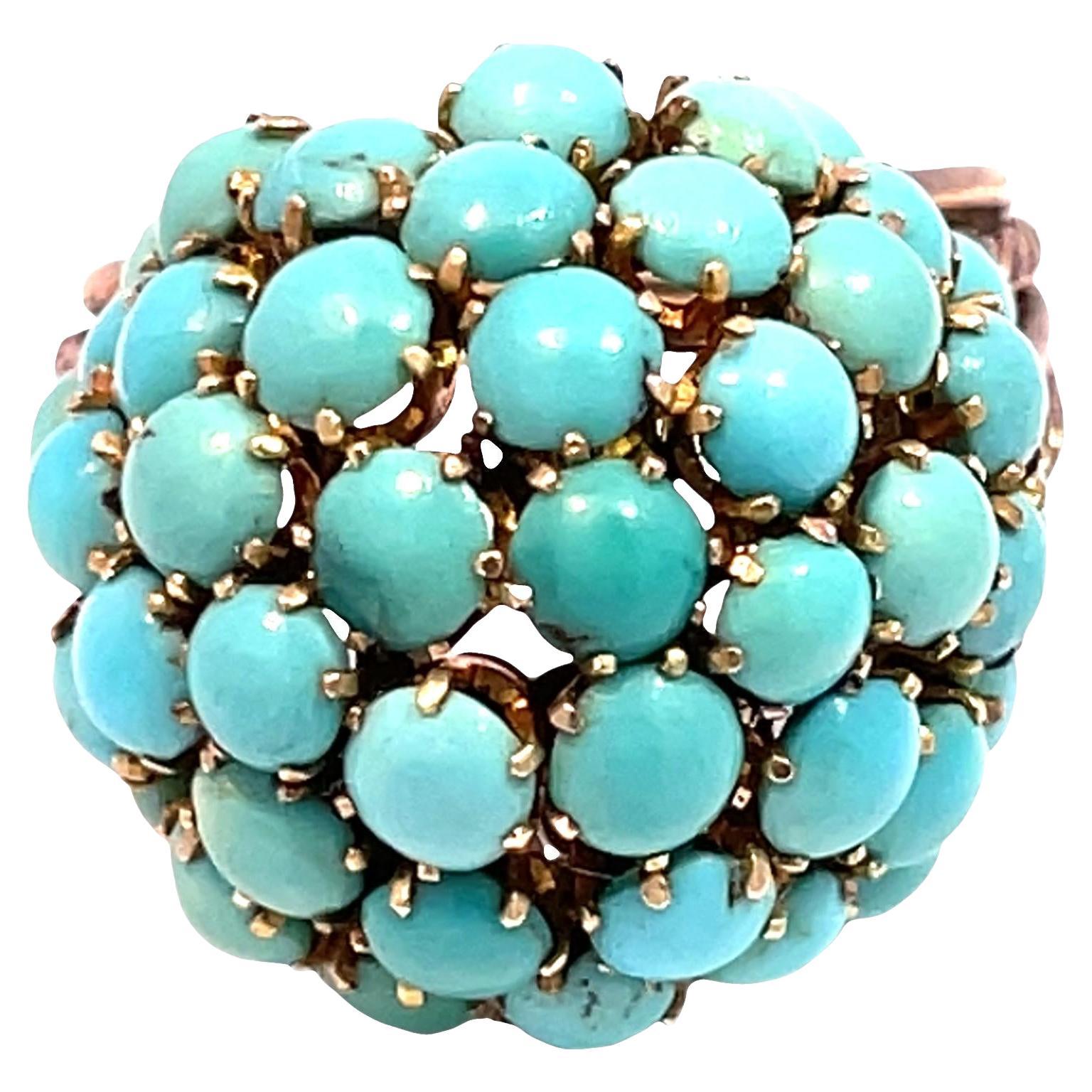 Solid Yellow Gold Turquoise Cluster Ring For Sale