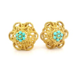 Solid Yellow Gold Turquoise Cluster Twisted Wire Work Open Work Earrings