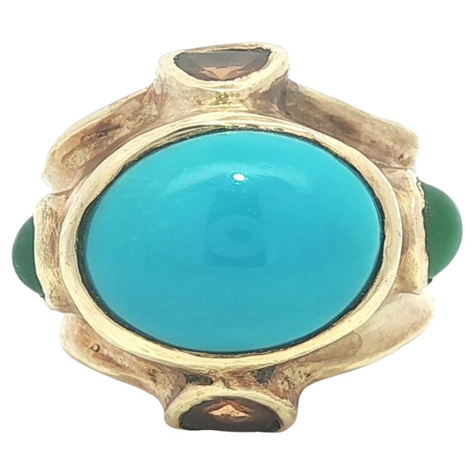 Solid Yellow Gold Turquoise w/ Green Stone & Citrine Hand Sculpted Ring