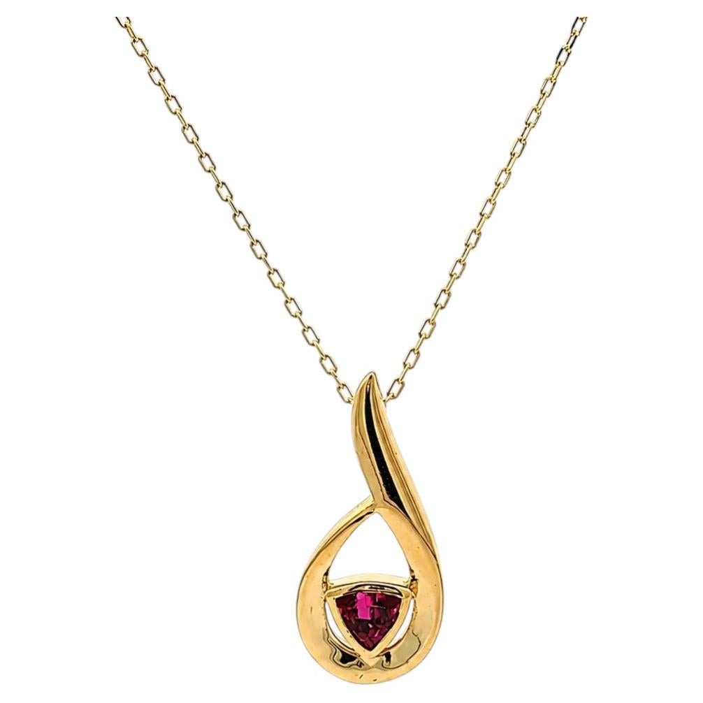 Solid Yellow Gold Vibrant Red Trillion Rubellite Tourmaline Pendant w/ Chain For Sale