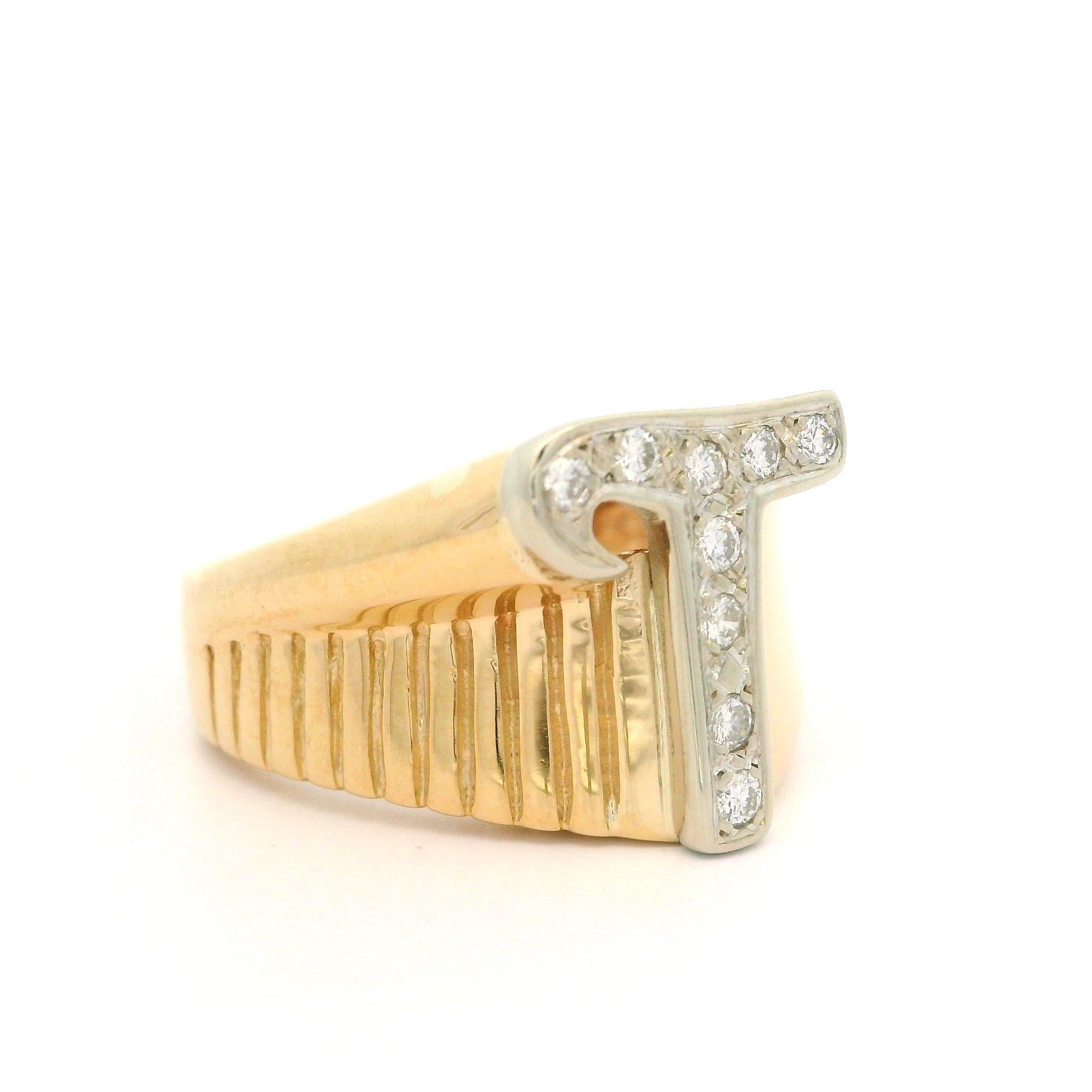 Solid Yellow & White Gold 0.09ctw Diamond T Initial Grooved Polished Ring For Sale 5