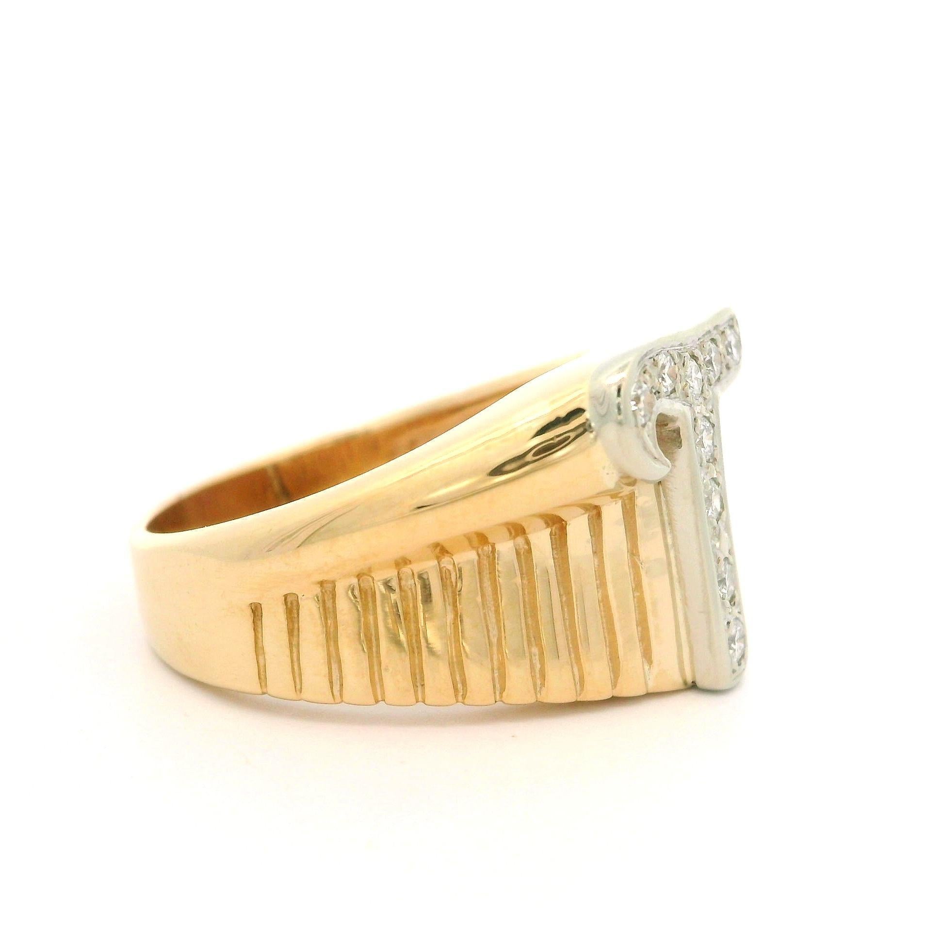 Solid Yellow & White Gold 0.09ctw Diamond T Initial Grooved Polished Ring For Sale 6