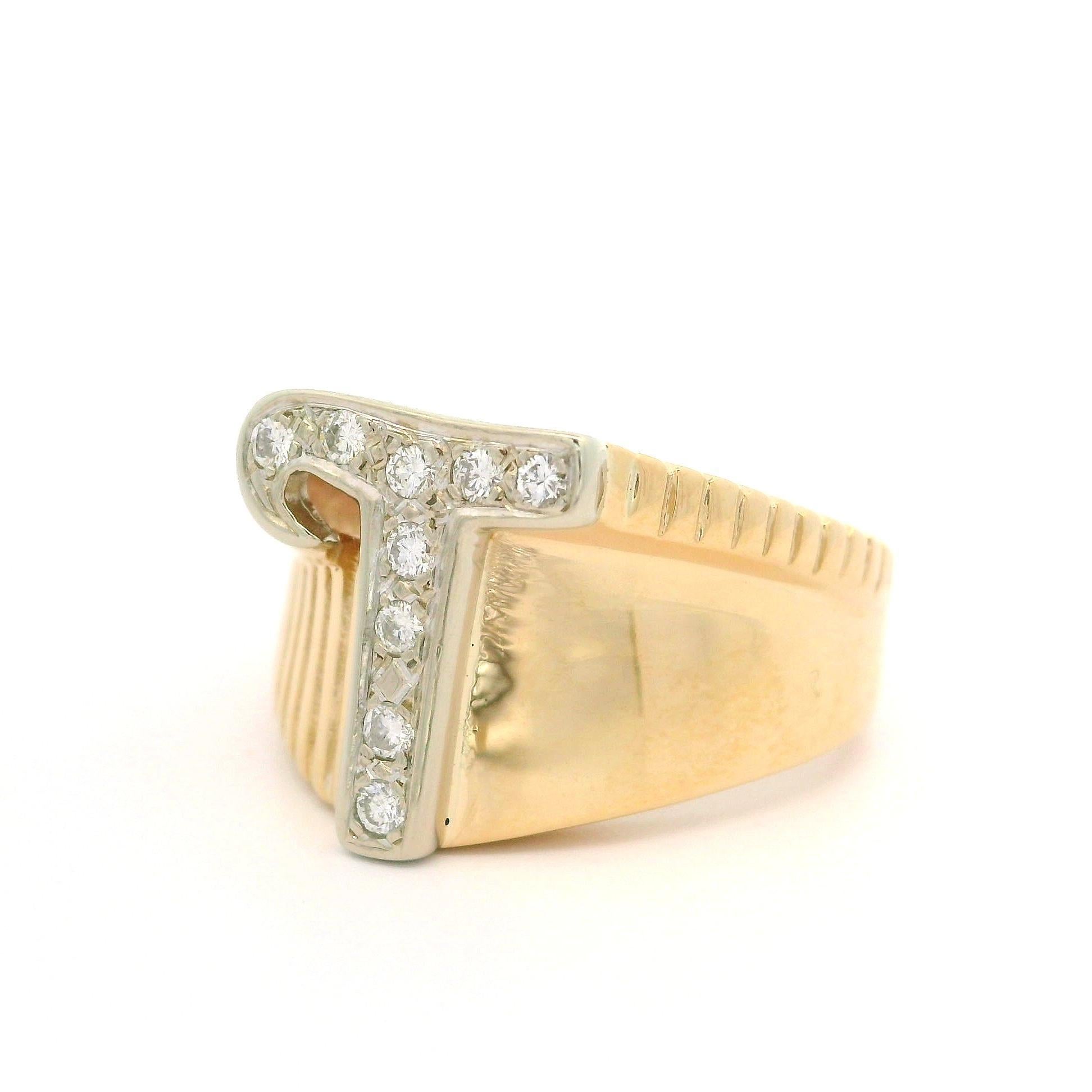 Solid Yellow & White Gold 0.09ctw Diamond T Initial Grooved Polished Ring For Sale 7