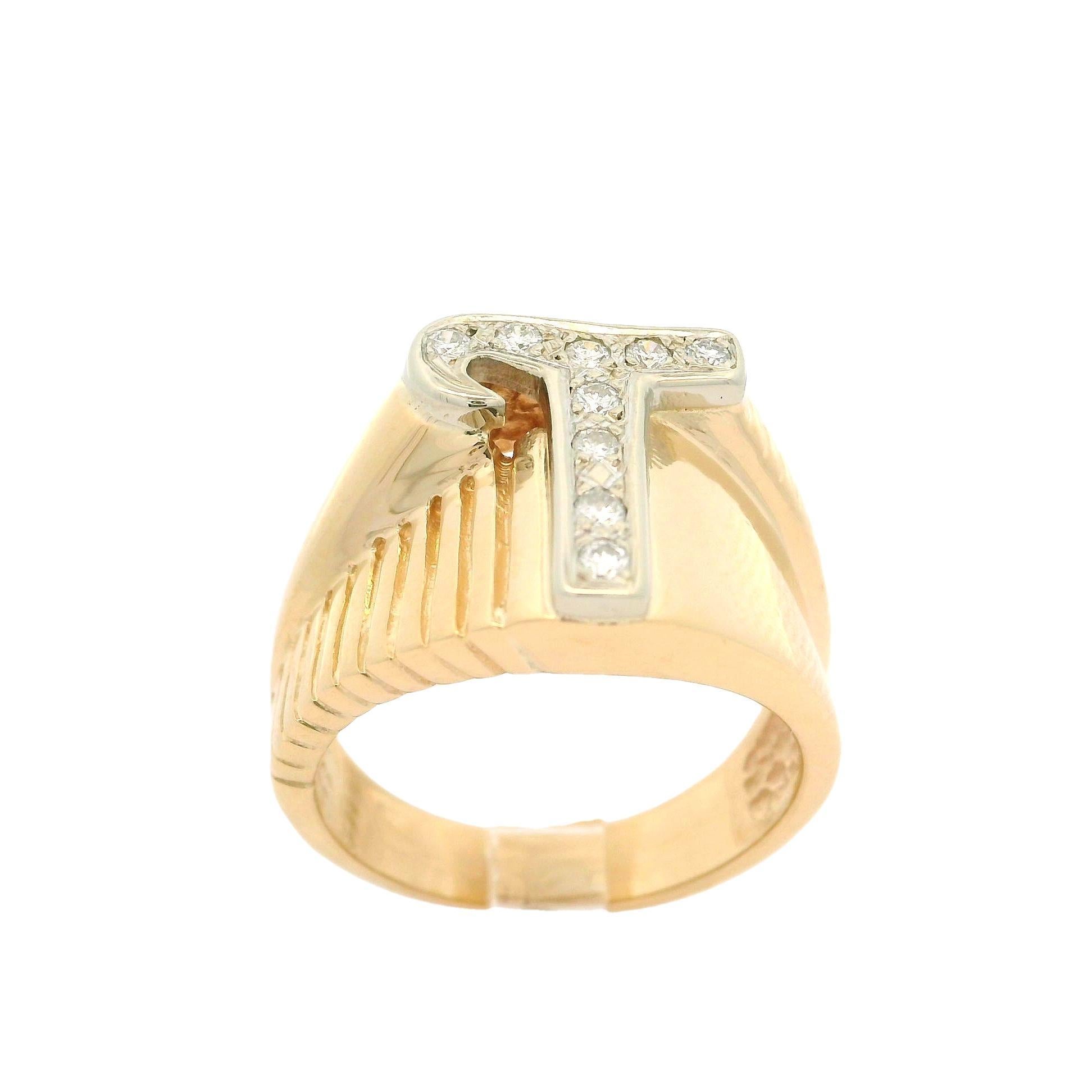 Women's or Men's Solid Yellow & White Gold 0.09ctw Diamond T Initial Grooved Polished Ring For Sale