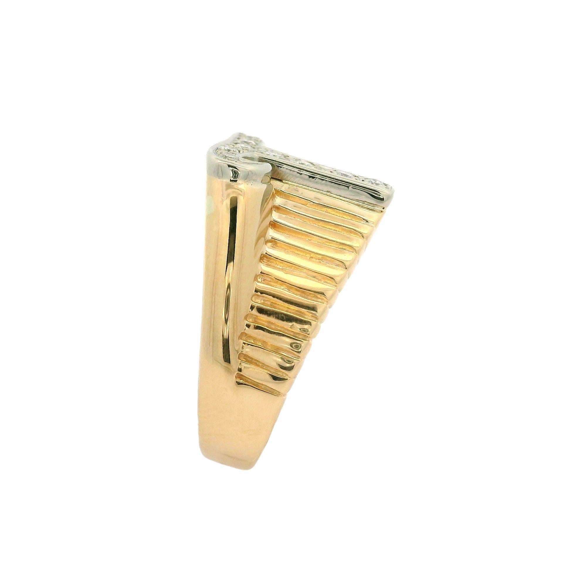 Solid Yellow & White Gold 0.09ctw Diamond T Initial Grooved Polished Ring For Sale 1