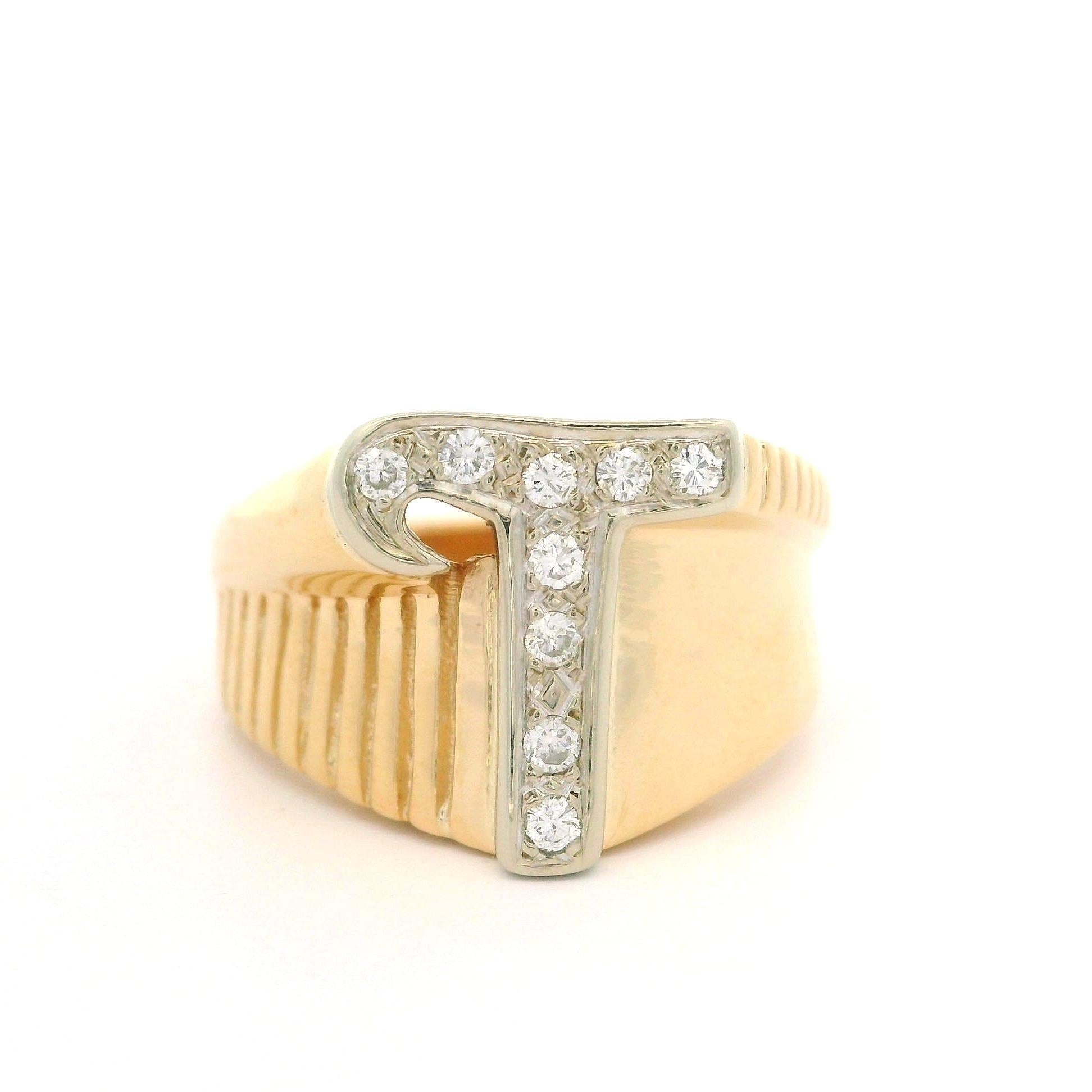 Solid Yellow & White Gold 0.09ctw Diamond T Initial Grooved Polished Ring For Sale 4