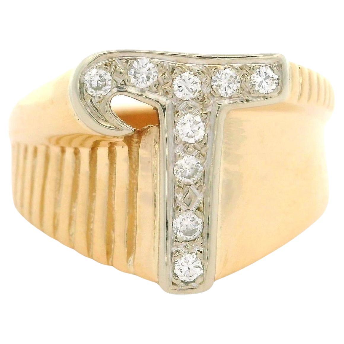 Solid Yellow & White Gold 0.09ctw Diamond T Initial Grooved Polished Ring For Sale