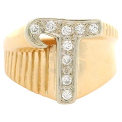 Solid Yellow & White Gold 0.09ctw Diamond T Initial Grooved Polished Ring