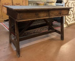 Solid wood and patina work table or desk, italy