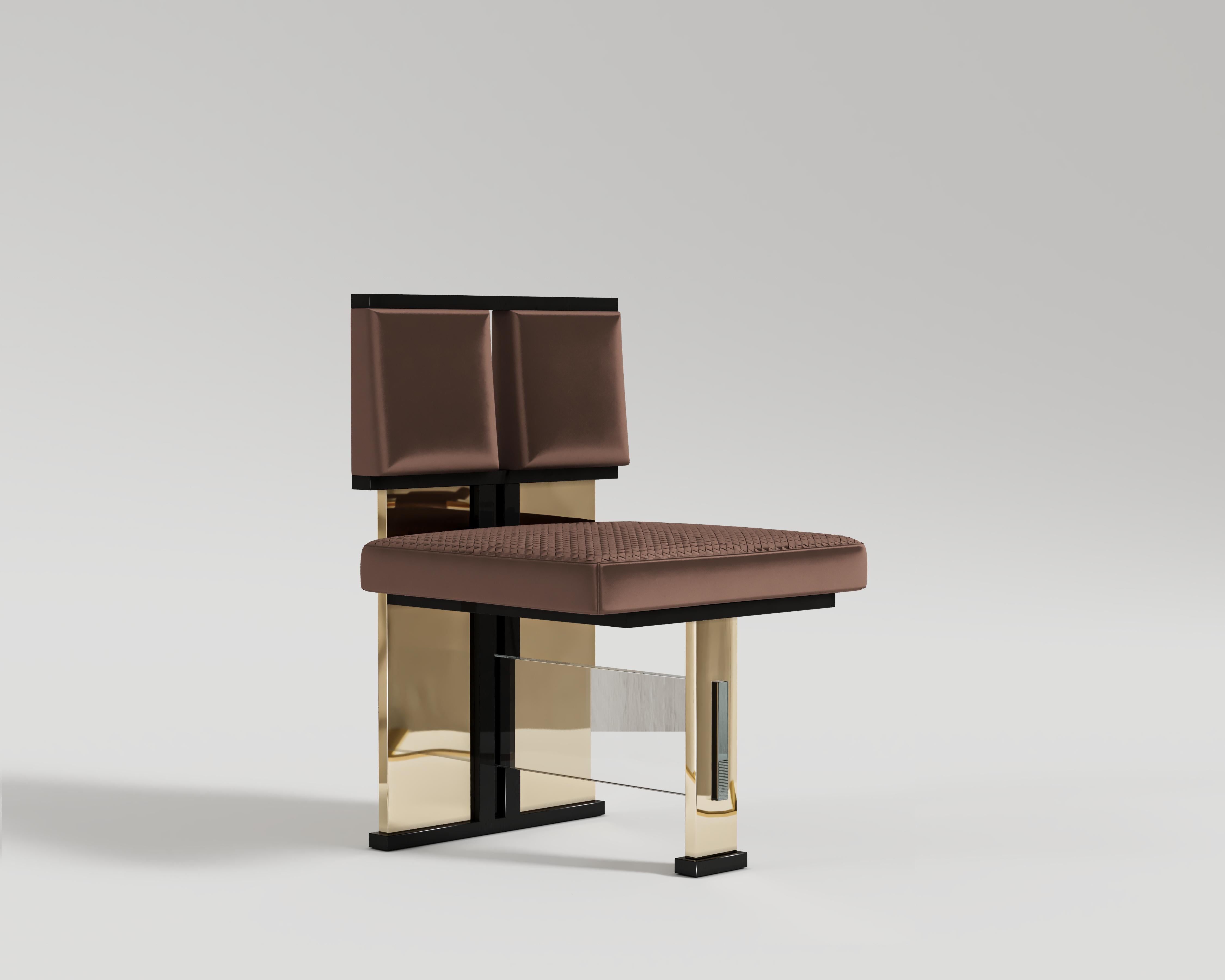 Modern Solidus Dining Chair in Bottega Leather, Plexiglass and Polished Bronze  For Sale