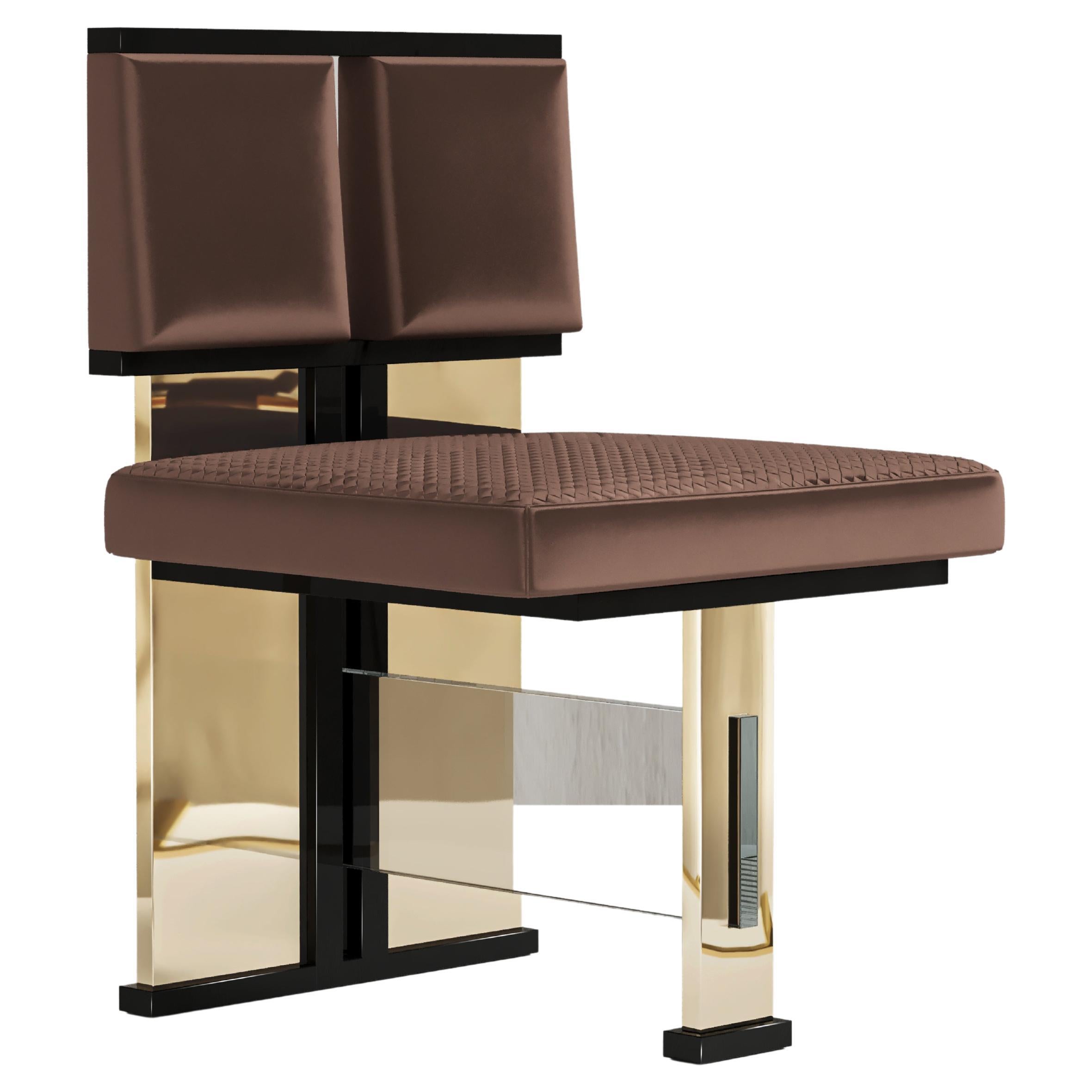 Solidus Dining Chair in Bottega Leather, Plexiglass and Polished Bronze  For Sale