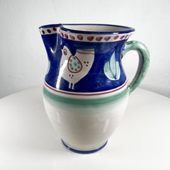 Solimene Hand Painted Vietri Italian Ceramic Blue Green Pitcher Chicks Italy
