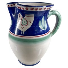 Solimene Hand Painted Vietri Italian Ceramic Blue Green Pitcher Chicks Italy