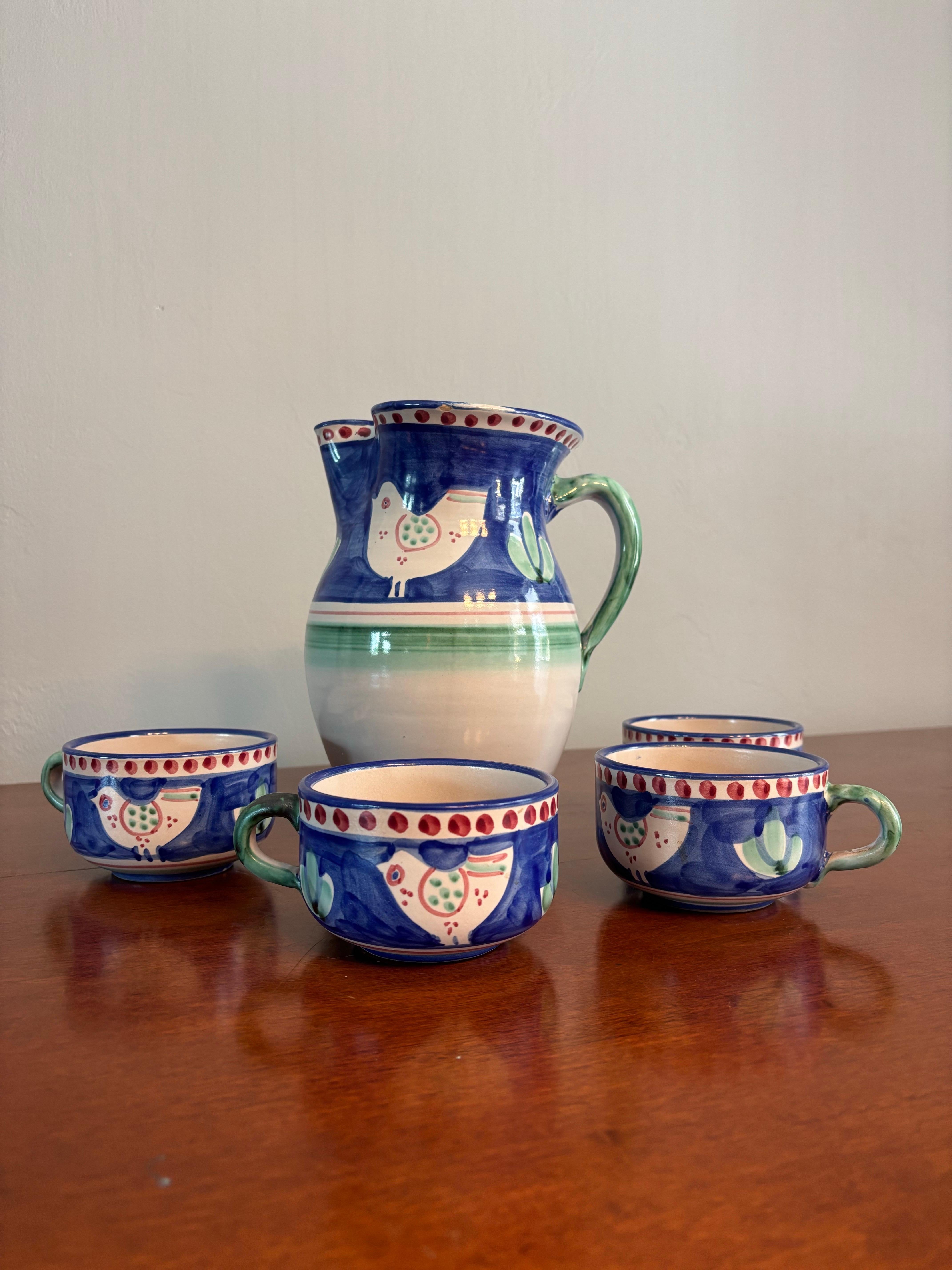 20th Century Solimene Vetri Cerimico Blue Green Pitcher and Cups Serving Set For Sale