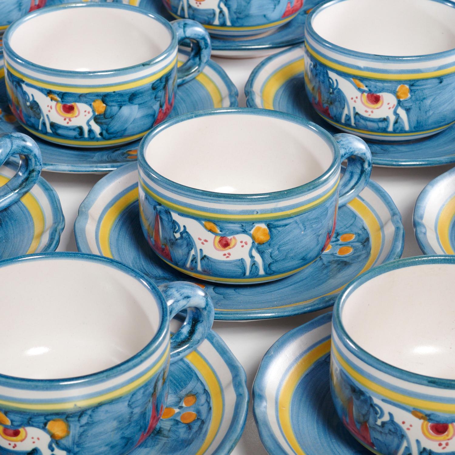 Country Solimene Vietri, « Decoro Campagna » service à thé en poterie italienne peint à la main pour 12 personnes en vente