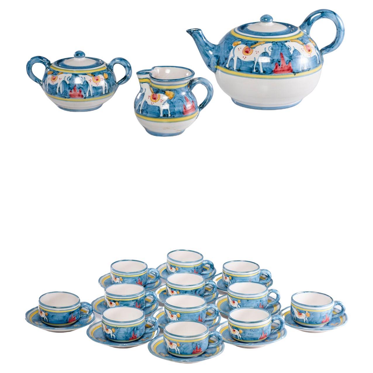 Solimene Vietri, 'Decoro Campagna' Hand Painted Italian Pottery Tea Set for 12 For Sale